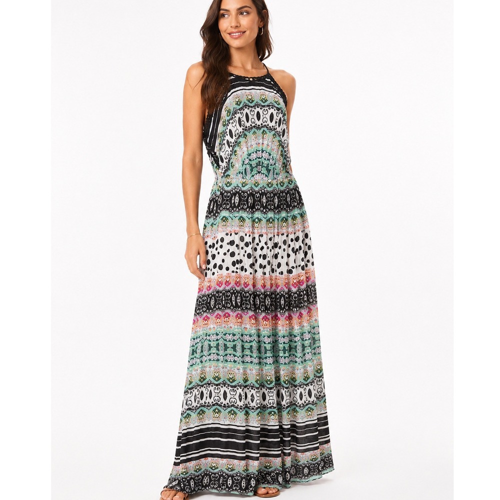 Multicolor  Tribal Print Halter L Neck Sleeveless Maxi Dress Boho Summer